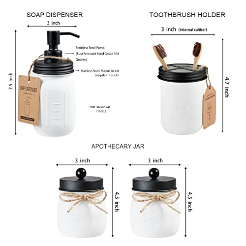 Amolliar Mason Jar Bathroom Accessories Set (4 Pack)—White Retro Lotion Soap Dispenser & 2 Apothecary Jars & Toothbrush Holder- Rustic Farmhouse Restroom, Bathroom Decor Countertop Organizer (Black) - size: White Black, style: Standard-mouth