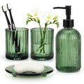 Topsky 4 Pcs Glass Bathroom Accessories Set,13.5oz Liquid Hand Soap Dispenser with Toothbrush Holder,Mouthwash Cup,Soap Dish for Bathroom Countertop,Vertical Stripe Design,Heavy Weight,Army Green
