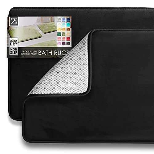 Clara Clark 2 Piece Bathroom Rugs Bath Mat Set, Velvet Memory Foam Bath Mats for Bathroom - Non-Slip, PVC Backing Bath Rugs, Washable - Dries Quickly, Black - color: Black, style: 17 x 24 + 20 x 32