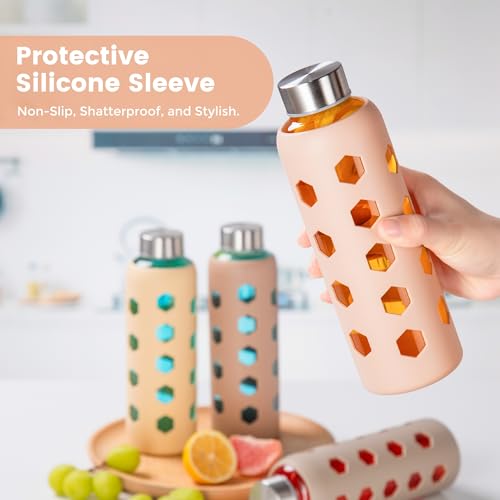 Mrsdry Glass Juice Bottles with Lids and Silicone Sleeves 18 oz, 4-Pack Reusable Clear Glass Water Bottles with Stainless Steel Airtight Cap for Juicing, Refrigerator, BPA Free Leak-Proof Drinking Jar - color: Apricot