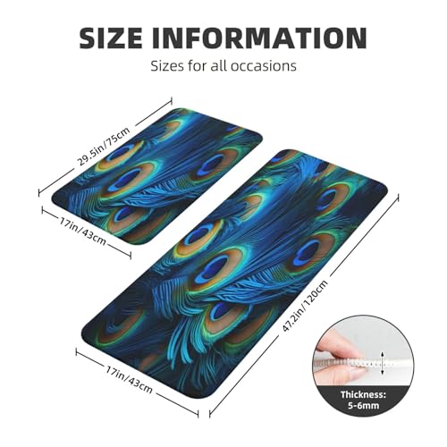 Peacock Blue Feather Kitchen Rugs Mats Set of 2 Pcs Non-Slip Floor Mats Washable Runner Rugs Set for Bathroom Laundry Hallway Kichen Comfort Standing Mat - color: Peacock Blue Feather