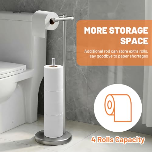 Housolution Toilet Paper Holder Stand, Brushed Nickel Freestanding Toilet Paper Holder with Post Pivoting Design and Stable Weighted Base, Stainless Steel Bathroom Toilet Paper Holder