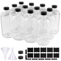 PINIWON 12 Pack 16 oz Clear Glass Bottles, Boston Round Sample Bottles with Black Poly Cone Caps, Labels and Funnels - color: Clear
