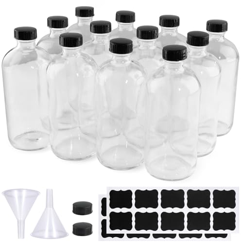 PINIWON 12 Pack 16 oz Clear Glass Bottles, Boston Round Sample Bottles with Black Poly Cone Caps, Labels and Funnels - color: Clear