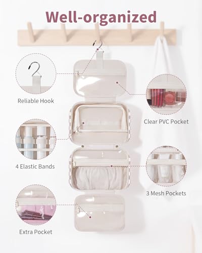 Narwey Hanging Toiletry Bag for Women Checkered Travel Makeup Bag Organizer Cosmetic Make up Toiletries Bag for Travel Essentials Accessories (Dusty Pink Checkerboard, Medium) - color: Dusty Pink Checkerboard, size: Medium