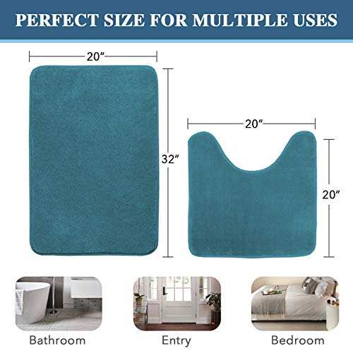 2 Pack Non Slip Memory Foam Bathroom Rugs Non Slip Bath Mat Set Absorbent Super Cozy, Flannel Bathroom Rugs - color: Dark Teal, size: 20" x 32" Plus 20" x 20" U