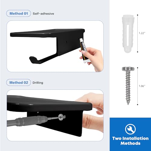 Toilet Paper Holder with Shelf, Space Aluminum TP Roll Holder, Self Adhesive & Screw Wall-Mounted Toilet Tissue Rack for Smaller Bathroom Washroom Restroom Kitchen (2 Hooks Included) - Black