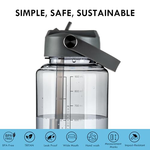 OLDLEY 32oz Water Bottle with Straw,Leakproof Tritan Clear Bottle with Marked Bottle and Carry Handle, BPA-Free Wide Mouth Reusable Sports Water Bottle for Gym,Hiking, Camping,Travel, Workout,Grey - color: Grey