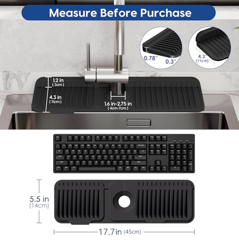 17.7 Inch Silicone Faucet Mat for Kitchen Sink Splash Guard - 7° Slope Upgraded Water Draining Mat with Fasten Button for Bathroom Area(Black, 17.7''x5.5'') - color: Black, size: 17.7''x5.5''
