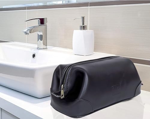 HLC Leather Toiletry Bag for Men Best Gift Premium Genuine Dopp Kit Shaving Kit Organizer Travel Kit Pouch Bag 10 inch Size (Black) - color: Black