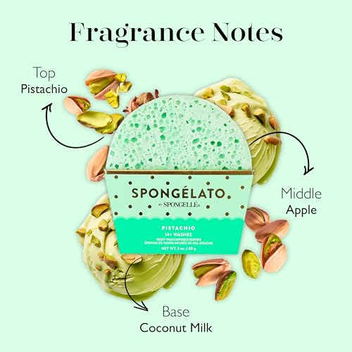 SPONGELLÉ Spongelato Loofah Exfoliating Body Scrubber by Spongelle | Infused with Body Wash | Bath & Shower Loofah for Women | 14+ uses | Pistachio Gelato Inspired, Green