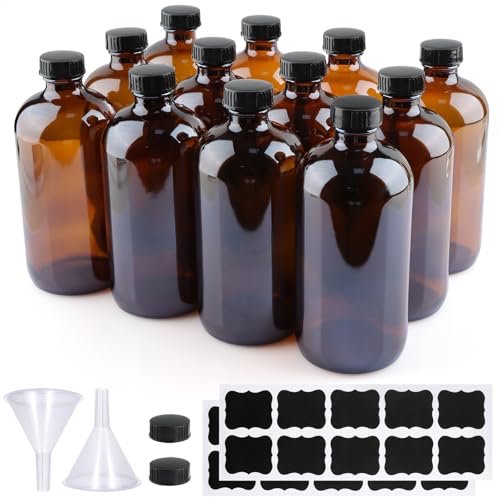 PINIWON 12 Pack 16 oz Amber Glass Bottles, Boston Round Sample Bottles with Black Poly Cone Caps, Labels and Funnels - color: Amber