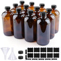 PINIWON 12 Pack 16 oz Amber Glass Bottles, Boston Round Sample Bottles with Black Poly Cone Caps, Labels and Funnels - color: Amber