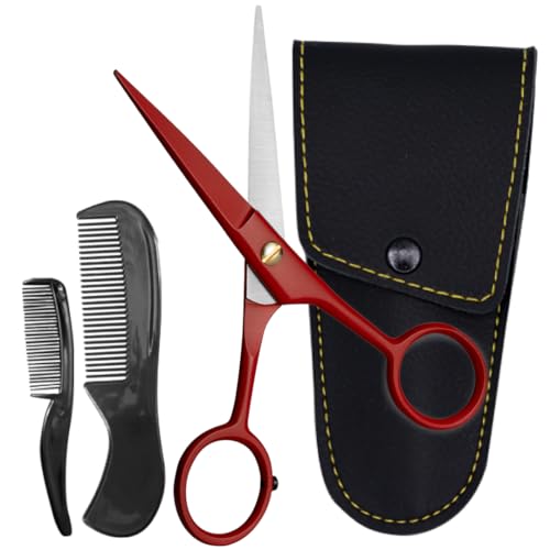 Ontaki Beard & Mustache Scissors for Men - 5inch, True Red - 410C German Steel Durable, Ergonomic Design Travel Friendly Facial Hair Scissors - Beard Grooming Kit 2 Combs & Case Perfect for Styling - color: True Red