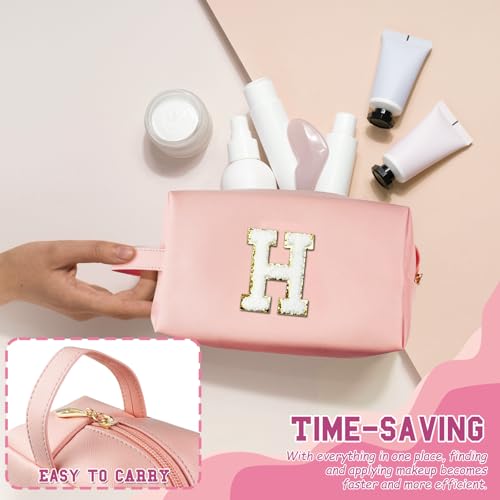 Personalized Initial Makeup Bag with Handle, Preppy Cosmetic Bag with Inner Zipper Pocket, 8 9 10 11 12 13 14 Years Old Girl, Graduation Gifts for Teen Girls Women Teachers (H, Pink) - color: Pink, style: H
