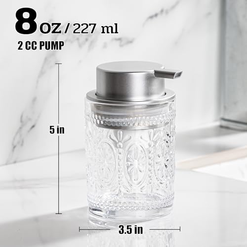 Glass Foam Soap Dispenser, 8 Oz Face Wash Dispenser for Bathroom, Vintage Glass Clear Foaming Hand Soap Dispenser, Small Refillable Lotion Dish Dispenser for Kitchen, Matte Silver Pump - color: Matte Silvery-8 Oz