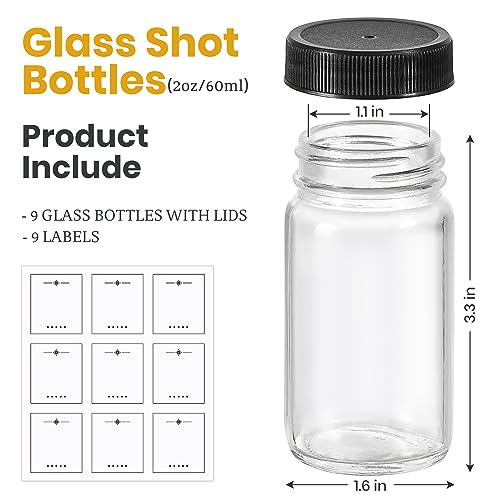 9 Pack, 2 oz Glass Shot Bottles w/ Black Lids & 9 Labels - Small Clear Jar for Ginger, Wellness Shot, Juice, Sample, Whiskey - Travel Essentials Mini Bottles - Wide Mouth, Leakproof, Dishwasher Safe - color: Black Lids, size: 2oz-9 pack