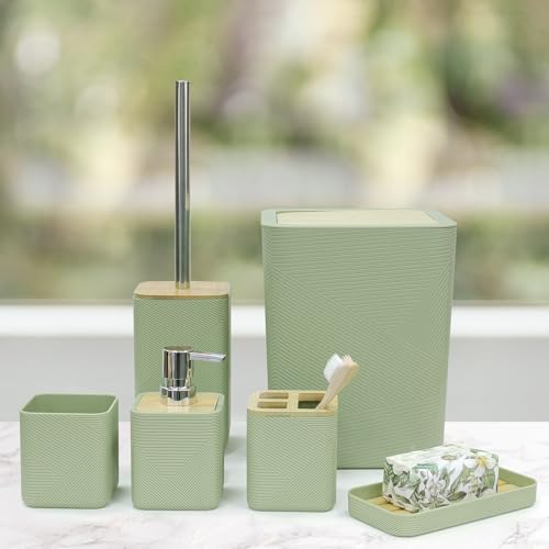 CERBIOR Bathroom Accessories Set 6 Piece Bamboo Bath Ensemble Includes Soap Dispenser, Toothbrush Holder, Toothbrush Cup, Soap Dish for Decorative Countertop and Housewarming Gift (Green) - size: Complete Set, style: Green