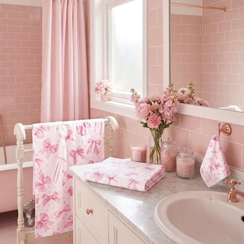 Moukeren Set of 3 Pink Bow Bath Towels Cute Coquette Bow Bath Towel Hand Towel and Washcloth Soft Decorative Towels for Girls Womens Bathroom Kitchen Pool Gym Spa Yoga - style: Pink Bow