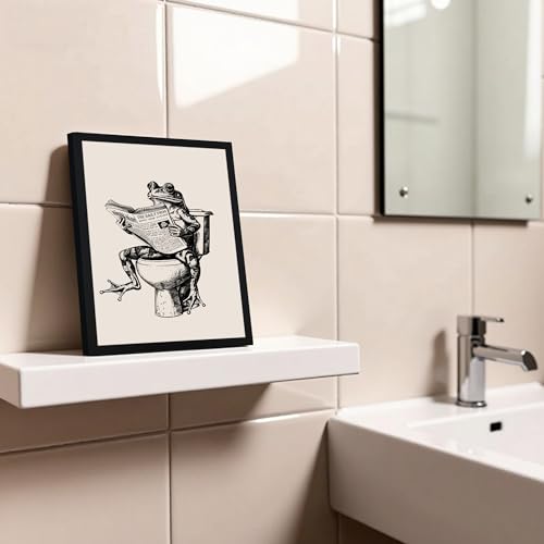 Urmoya Funny Frog on Toilet Bathroom Decor Framed Wall Art 8x10 in | Wood frame, Frog reading newspaper print, Humor decor, Canvas wall art, Ready to hang, for bathroom or restroom - color: Frog, size: 10"L x 8"W