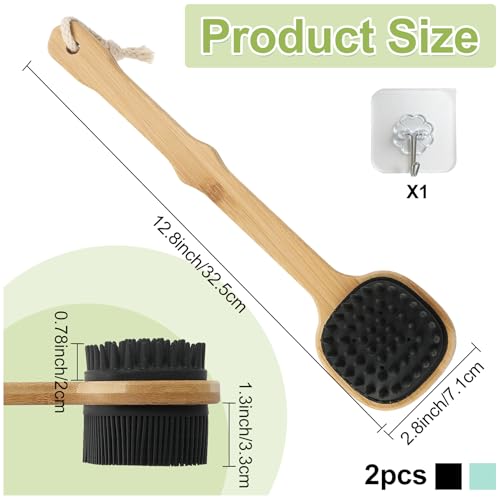 Silicone Back Scrubber for Shower, 2 PCS Silicone Bath Body Brush Loofah with Long Handle, Dual-Sided Shower Brush for Body, Exfoliating Body Scrubber Back Washer for Men Women(Lake Blue +Black) - size: black+lack blue-2pcs