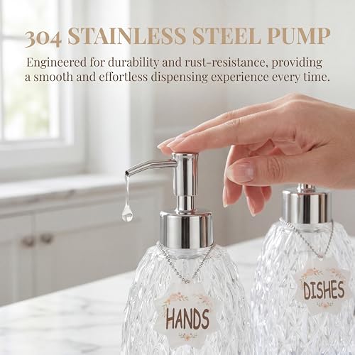 MALACHI Glass Soap Dispenser, 304 Rustproof Stainless Steel Pump, Refillable Multi‑use for Hand Soap, Dish Soap, Body Wash, Shampoo, Baby Wash for Bathroom Kitchen & Commercial - color: Light Clear