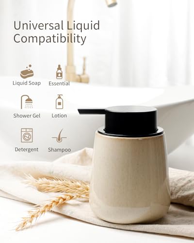 Bosilunlife Ceramic Foaming Soap Dispenser - 12Oz Bathroom Countertop Kitchen Dish Soap Pump Dispenser Foam Soap Dispenser - Greige with Speckle - color: Greige
