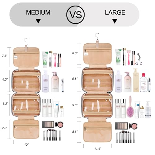 Travel Hanging Toiletry Bag for Women, Large Makeup Bag 8 Leak Proofing Silicone Bottle Covers, Waterproof Cosmetic Bag with Jewelry Organizer Compartment, Toiletries Kit Set, Grey - color: Grey, size: Large*1 + Leak Proofing Bottle Covers*8