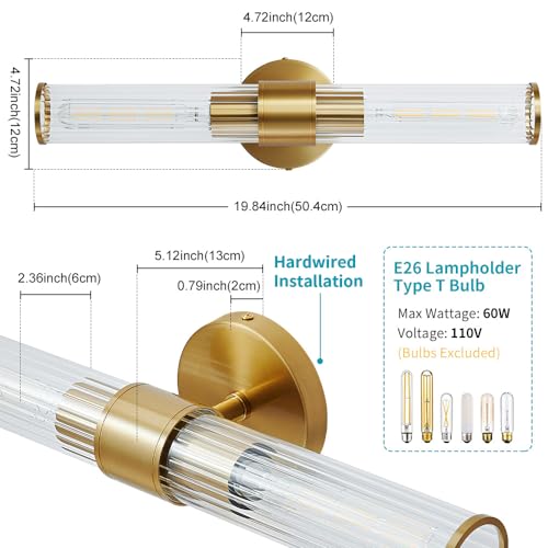 Gold Bathroom Light Fixtures 2 Pack, Hardwired Vanity Lights for Mirror with Threaded Glass Shade, 20 Inch Up and Down Wall Sconces for Bathroom Bedroom Living Room, Bulb Not Included - color: Gold-B, 2Pack