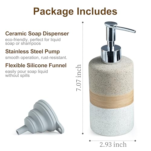 Ceramic Dish Soap Dispenser Set with Silicone Funnel, Hand Soap, Shampoo, Body Wash, Lotion Dispenser for Kitchen and Bathroom, Stainless Steel Pump, Non Slip, 12 Oz - color: Beige and White, size: 1xSoap Dispenser