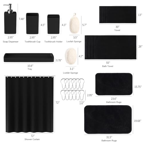 Black Bathroom Set,Black Bathroom Accessories Set with Shower Curtain and Rugs, Bath Towel Set, Natural Loofah Sponge, Soap Dispenser, Toothbrush Holder, Bathroom Tumbler and Tray for Bathroom - size: Bath Set+Shower Curtain+Rugs+Towel Set+2PCS Loofah, st
