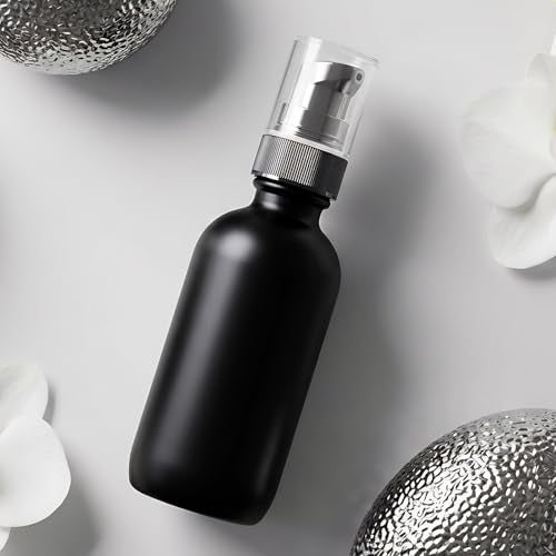 12Pack 2oz Black Glass Pump Bottles, 60ml with Black Pump, Empty Refillable Travel Small Container For Lotion Cream Essentil Oil Shampoo (60mlpumpBLK) - size: 2oz Black Glass