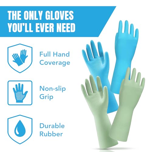JOR Kitchen Dishwashing Gloves, Durable and Reusable Rubber with Non-Slip Grip, For Household Chores, Multi-purpose Use for Pantry, Bathroom Laundry, Medium, 12-inch Long Cuff, 2 Pairs, Green & Blue
