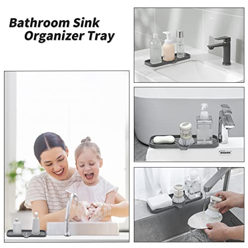 MicoYang Silicone Soap Dish with Drain Spout — Self-Draining Double Sink Organizer Tray for Kitchen & Bathroom, Dispensers, Sponges & Soap Holder, Non-Slip & Dishwasher Safe, Grey (Large, 12"×4") - color: Grey, size: L(12"×4")