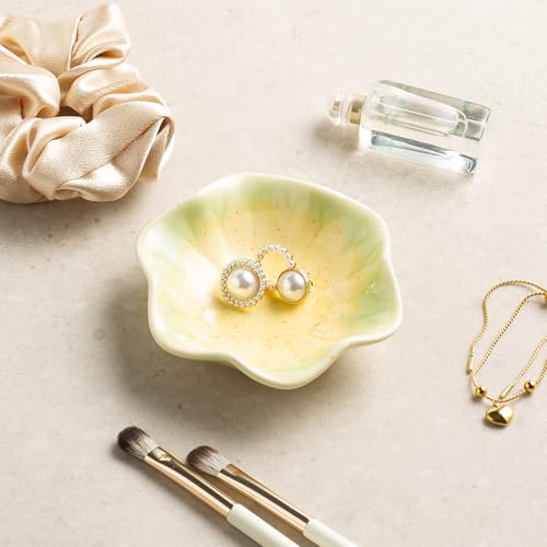 Ceramic Lotus Leaf Trinket Dish, Ring Holder for Jewelry | Keeps earrings, necklaces, keys, and keepsakes handy on vanities or nightstands, a sweet gift for moms, sisters, and friends - color: Sesame Gold