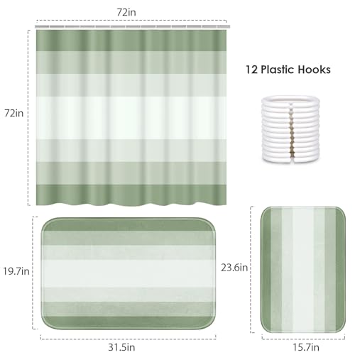 ArtSocket Sage Green Ombre Bathroom Set with Shower Curtain and Bath Rugs and Accessories, Striped Modern Neutral Non-Slip 3 Piece Set, 72"L x 72"W Curtain with 23.6"L x 15.7"W + 19.7"x 31.5" Rugs - color: Sage Green Ombre