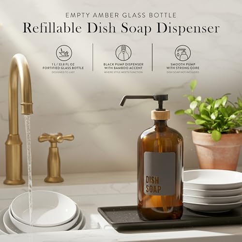 SAVVY & SORTED Amber Glass Dish Soap Dispenser for Kitchen Sink 1 Liter, Large Kitchen Soap Dispenser Set with Permanent Label, Refillable Glass Bottle for Dish Washing Liquid, 34 Fl Oz - color: Amber - Dish Soap 1 Ltr