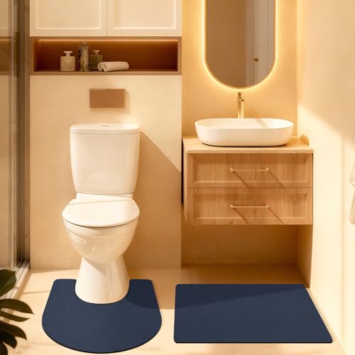 ACCUMTEK Non Slip Bath Mat, Thin Bathroom Rugs Fit Under Door, Quick Dry Bath Mats, Machine Washable Bath Rugs for Bathroom, Bathtub & Kitchen, Bathtub, Dark Blue/Solid/2 Piece - color: Dark Blue, size: 24"x17"+ 24"x20" Contour Rug