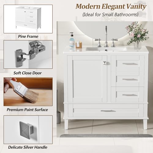 Linique 36" Modern Bathroom Vanity with Sink Combo Set, Solid Wood Frame Bathroom Storage Cabinet with a Soft Closing Door and 3 Drawers, White - color: White, size: 36"/ Door without Organizer