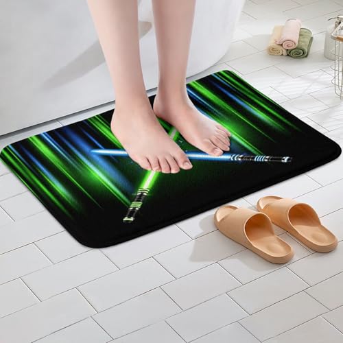 Geometric Light Up Sword Non Slip Bath Mat Kids Girls Boys Neon Blue Green Light Stripes Bathroom Rug Teens Modern Fashion Games Shaggy Absorbent Floor Mat 3D Black Bath Indoor Doormat Decor,20"x32" - color: Lightsaber 03, size: 20" x 32"