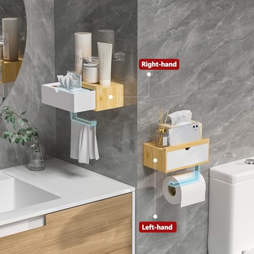 Domax Standard 8.46" Bamboo Toilet Paper Holder with Shelf and Storage Drawer - Wall Mount or Adhesive Bathroom Organizer for Tampons, Cotton Swabs, Wipes or More, White+Nature - color: Nature+white
