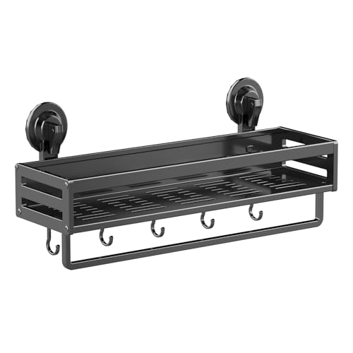 Suction Cup Shower Caddy, 11.8 inch Extended Version, with 5 Hooks & Towel Rrack, No Drilling Required, Rust-Resistant Bathroom Shower Organizer,Dark Grey - size: 11.8 inches