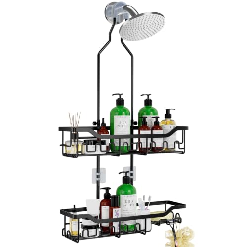 Shower Caddy Hanging Organizer, Extra Large Rack Over Showerhead with Hooks, Adjustable Height Shower Caddy for Big Shampoo Bottle, Black - color: Black - 2 Tier - XL