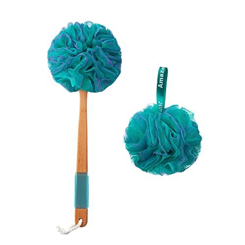 AmazerBath Shower Sponge Loofah Back Scrubber, PE Soft Mesh Loofah Body Scrubber with Long Wooden Handle, Bath Sponge for Men Women (Green) - style: Green