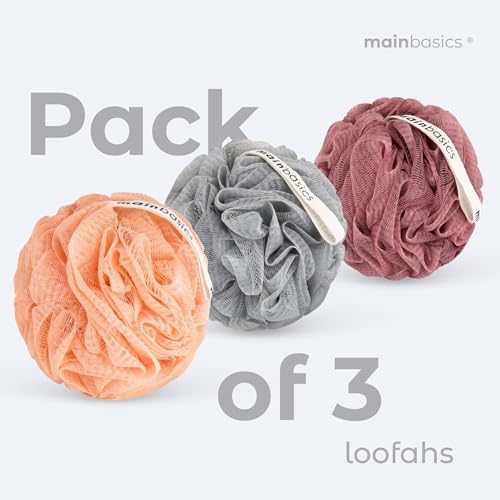 MainBasics Shower Loofah Sponge Pouf, Set of 3, Coral Reef | Soft Mesh Body Scrubber and Bath Sponge for Gentle Exfoliation, Rich Lather, and Everyday Shower Use - style: Coral Reef