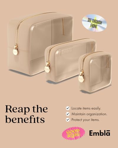 Clear Cosmetic Bags Set of 3, Mini Small Large Makeup Bags For Women Clear Pouch Cosmetics Cases Zipper Cute Pouches Make Up Travel Toiletry Essentials Preppy Purse Organizer Makeup Cases, Sand | Large, Medium & Small Clear Nylon/PVC Cosmetic Bags with Zi