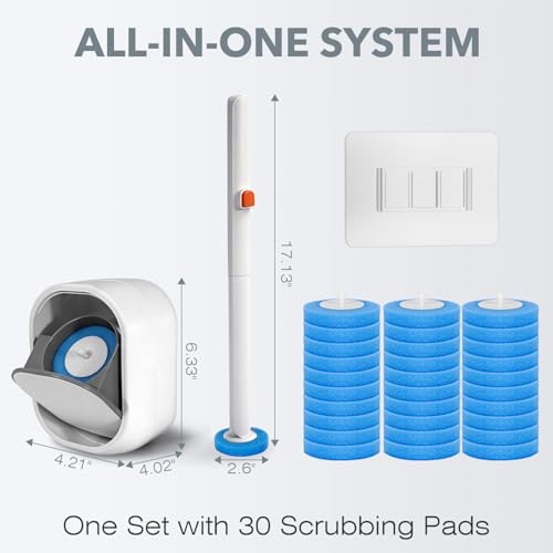 Disposable Toilet Brush & Wand Starter Kit, Wall-Mounted Auto-Closing Caddy with 30 Refills, Deep Cleaning System with Pre-Loaded Scrubber for Rust & Hard Water, Mess-Free Modern Design - size: 1 Brush + 30 Refills