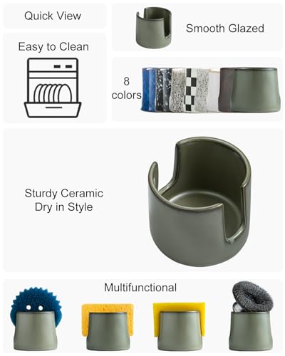 Zoeeker Sponge Holder, Ceramic Dish Sponge Drying Caddy for Kitchen Sink Scrubby Daddy Kitchen Organizer Cute Kitchen Accessories for Counter, Dark Green - color: Dark Green, size: Cylindrical