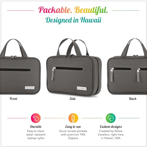 Eco Sun Hanging Travel Toiletry Bag — Designed in Hawaii — Water-resistant Travel Organizer for Bathroom Accessories (Grey) - color: Grey