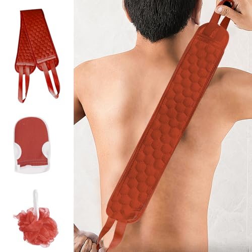 3 Pcs Exfoliating Bath Set with Back Scrubber Strap Shower Glove and Loofah Sponge for Deep Body Cleaning and Full Body Exfoliation(Red) - color: Red